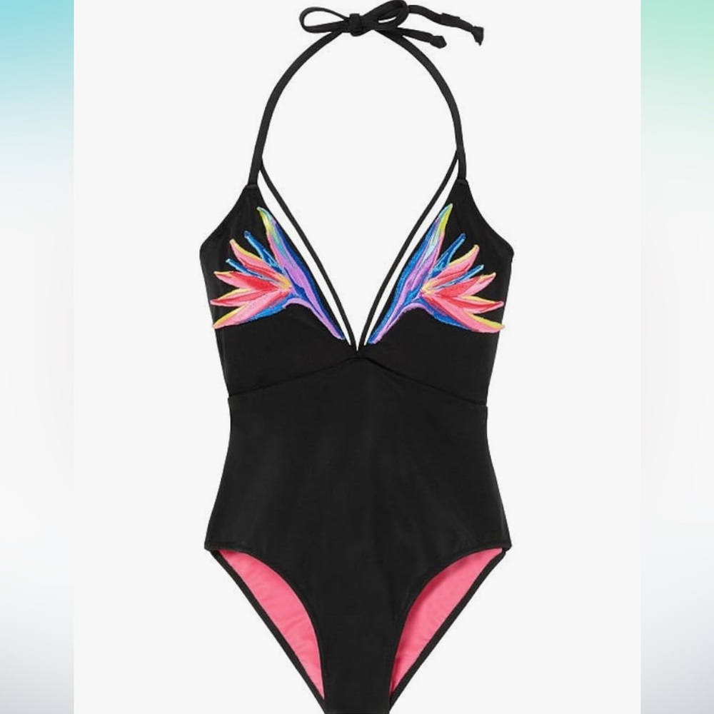 NWT | Victoria's Secret | Pink Swimwear Embroidered Strappy Plunge Black | S